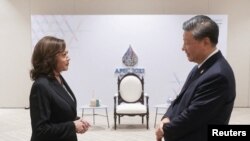 U.S. Vice President Kamala Harris greets China's President Xi Jinping before the APEC Leaders' Retreat in Bangkok, Thailand, Nov. 19, 2022. (The White House/Handout via Reuters) 