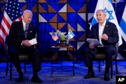 Prezidan Joe Biden rankontre Premye Minis Izraelyen an, Benjamin Netanyahu, 18 Oktob, 2023.