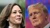 This combination of pictures shows U.S. Vice President Kamala Harris on the South Lawn of the White House on July 22, 2024 and former U.S. president and 2024 Republican presidential candidate Donald Trump in Milwaukee, Wisconsin, on July 18, 2024.