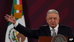 Mexican President Andres Manuel Lopez Obrador gives his regularly scheduled morning press conference at the National Palace in Mexico City, Feb. 28, 2023. 