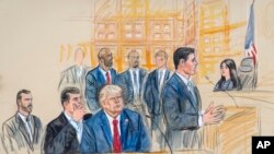 This artist sketch depicts former President Trump conferring with defense lawyer Todd Blanche during his appearance at the Federal Courthouse in Washington, Aug. 3, 2023, as defense lawyer John Lauro faces Judge Moxila Upadhyaya. (Dana Verkouteren via AP)