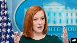 Foto Achiv: Jen Psaki pale pandan yon konferans de pres nan Lamezonblanch nan Washington, 9 Mas, 2022. 