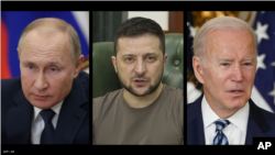 (From left to right) Russian President Vladimir Putin, Ukrainian President Volodymyr Zelenskyy and U.S. President Joe Biden. 