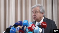 United Nations Secretary-General Antonio Guterres attends a press conference at an UNRWA school in the Al-Wehdat camp for Palestinian refugees in Amman, on March 25, 2024. (Photo by Mohammad HANNON / AFP)