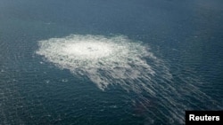 FILE PHOTO: Gas bubbles from the Nord Stream 2 leak reaching surface of the Baltic sea in the area shows disturbance of well over one kilometre diameter near Bornholm