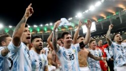 July 10, 2021 Argentina's Lionel Messi celebrates with teammates after winning the Copa America