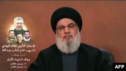 An image grab taken from Hezbollah's al-Manar TV on June 19, 2024, shows Hezbollah chief Hassan Nasrallah giving a televised address from an undisclosed location in Lebanon.