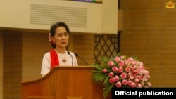 Aung San Suu Kyi seen here giving speech in the opening ceremony of Forum on Myanmar Democratic Transition held in Naypyitaw from Aug. 11th to Aug. 13th.