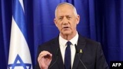 Israeli war cabinet minister Benny Gantz announces his resignation during a televised address in the Israeli city of Ramat Gan, near Tel Aviv on June 9, 2024.